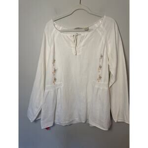 J. Jill 100% Linen White Lace Cross Stitch Inspired Floral Top Size M